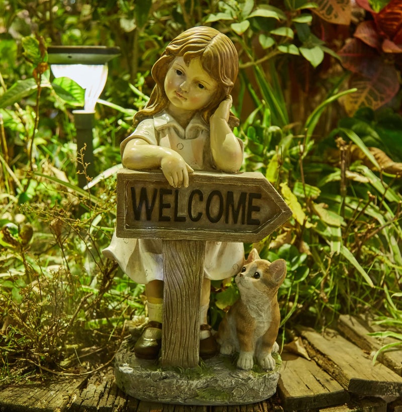 Floryden Girl Garden Statue with Solar LED Lights, Solar Girl Welcome Sign with Cat Garden Statue for Outdoor Decor, Porch, Patio, Yard Art Decorations, Polyresin 17.3 inch - Image 4